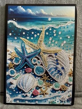 Finished Ocean Starfish Rhinestone Notebook Art - Blue Teal Gold